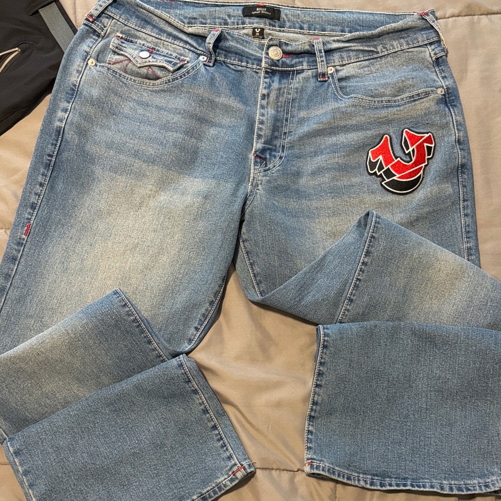 Men's Blue Jeans with Red Accent - Picture 6 of 7